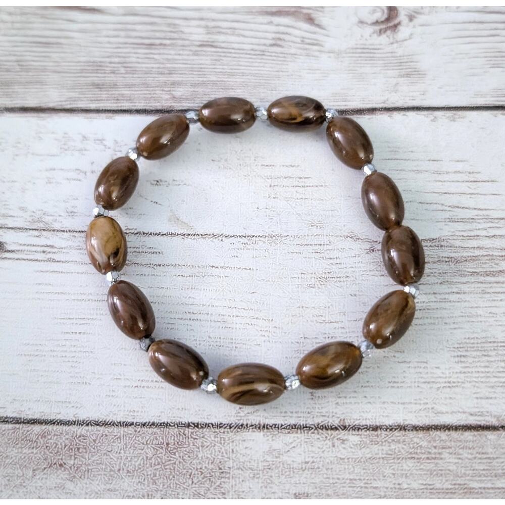 Vintage Stretch Bracelet - Brown & Silver Tone Beads